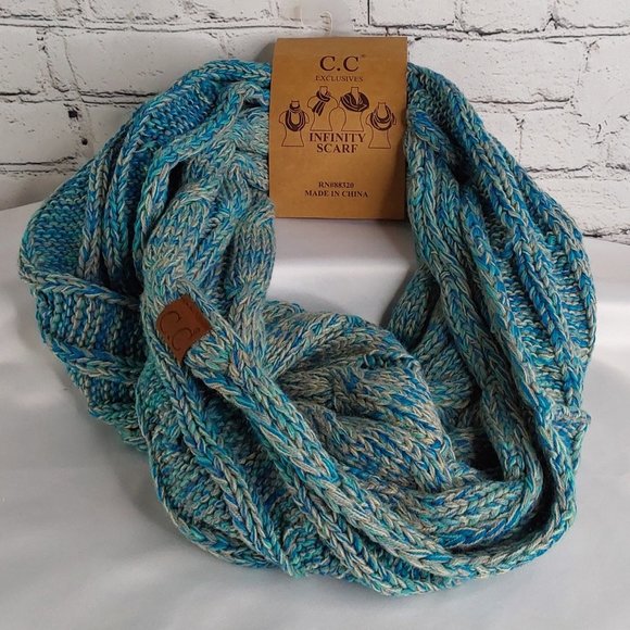 'C.C BEANIE 'INFINITY' SCARF MARBLED TEAL FULL WRAP - Picture 3 of 15
